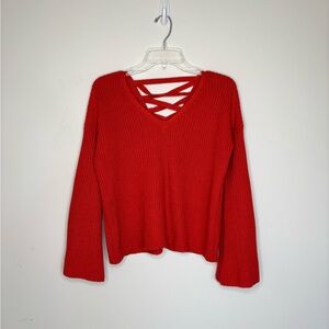 BN12 Poof Red‎ Waffle Knit Sweater Long Sleeve Top Flare Sleeves Boho Small
